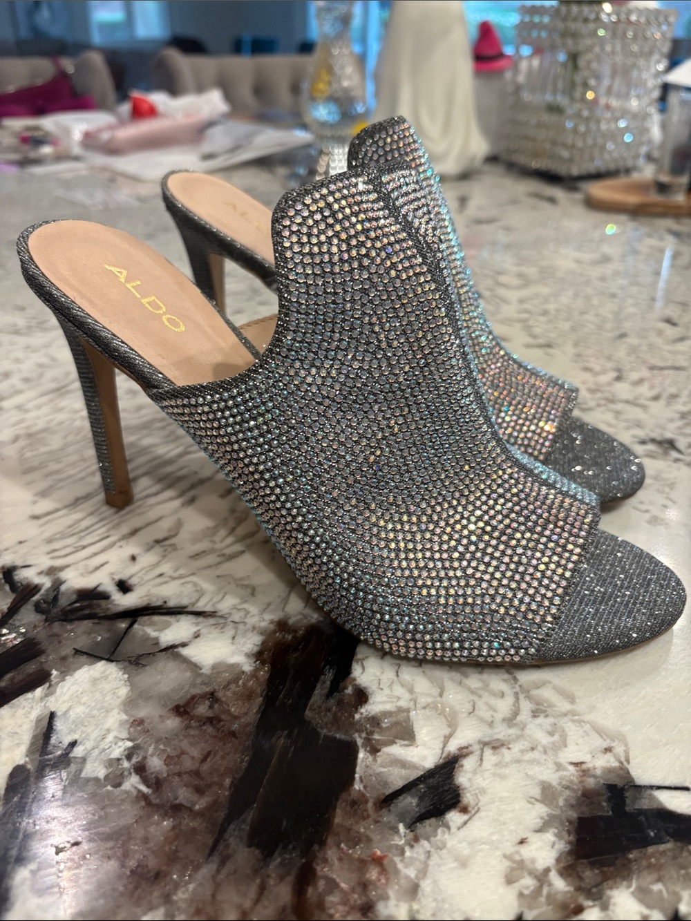 Aldo Silver Rhinestone Open-Toe Stiletto Mules